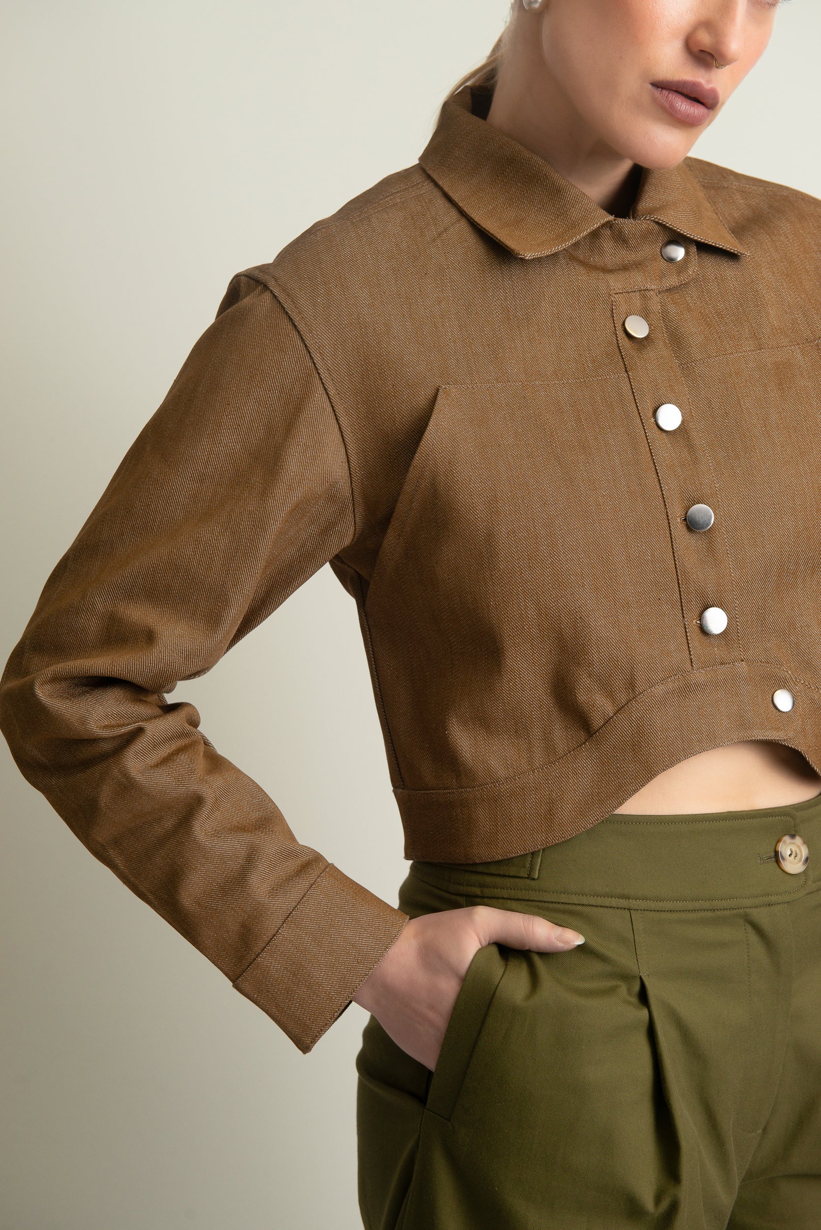 Nola Buttoned Biker Crop in Sand - PRE-ORDER (DROPPING LATE JULY)