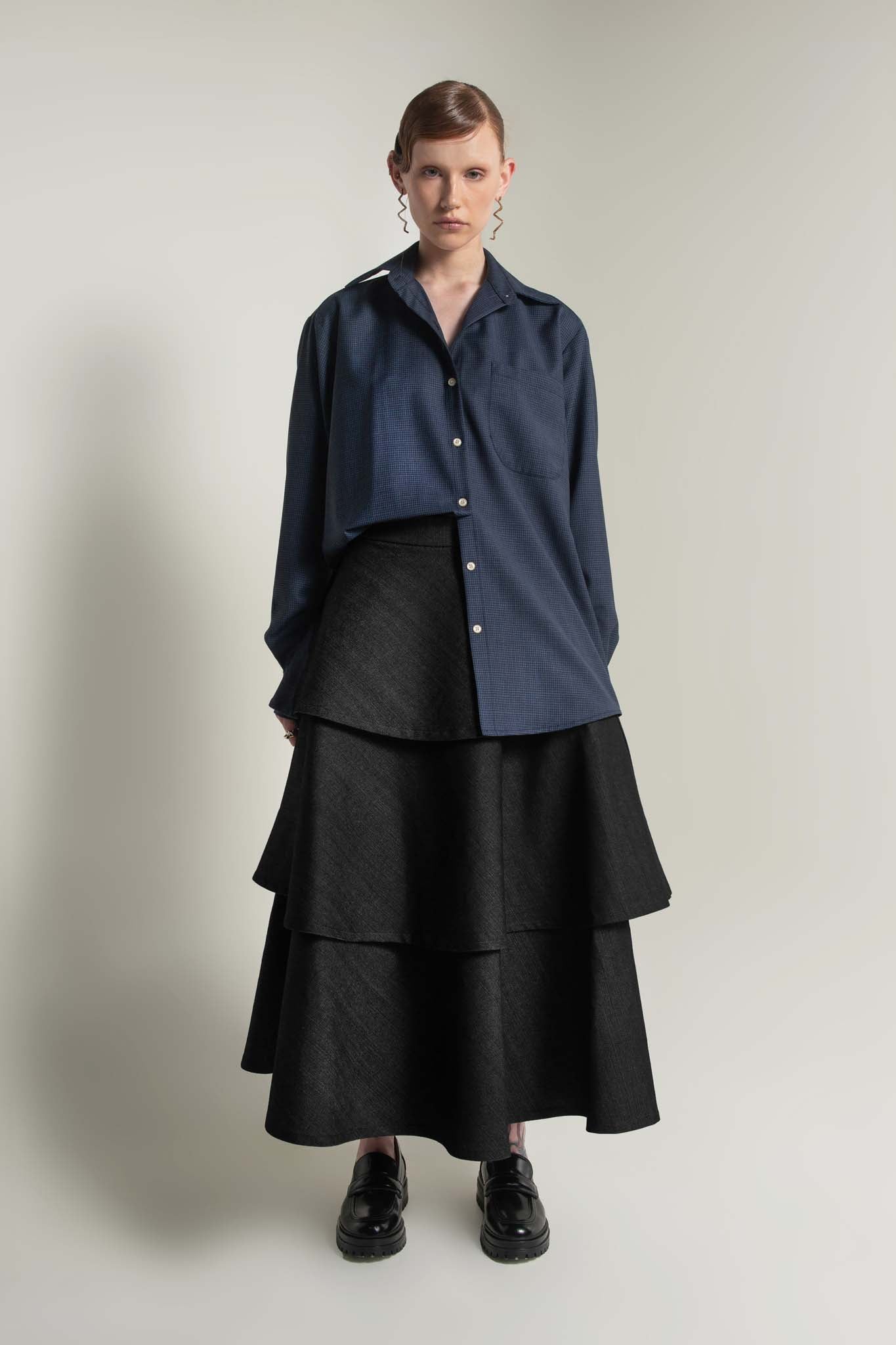 Juno Denim Tiered Skirt in Midnight Black