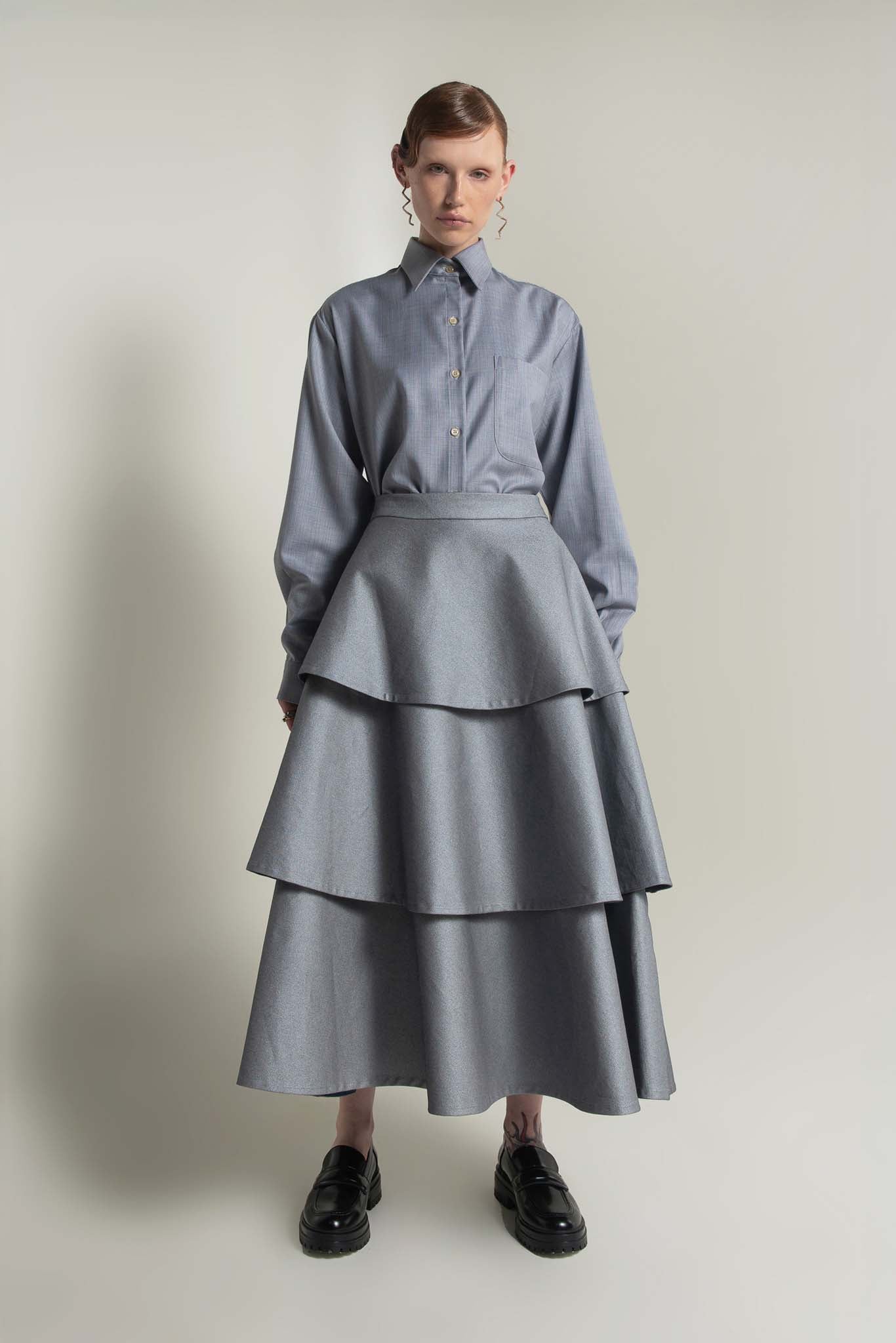 Juno Denim Tiered Skirt in Chrome