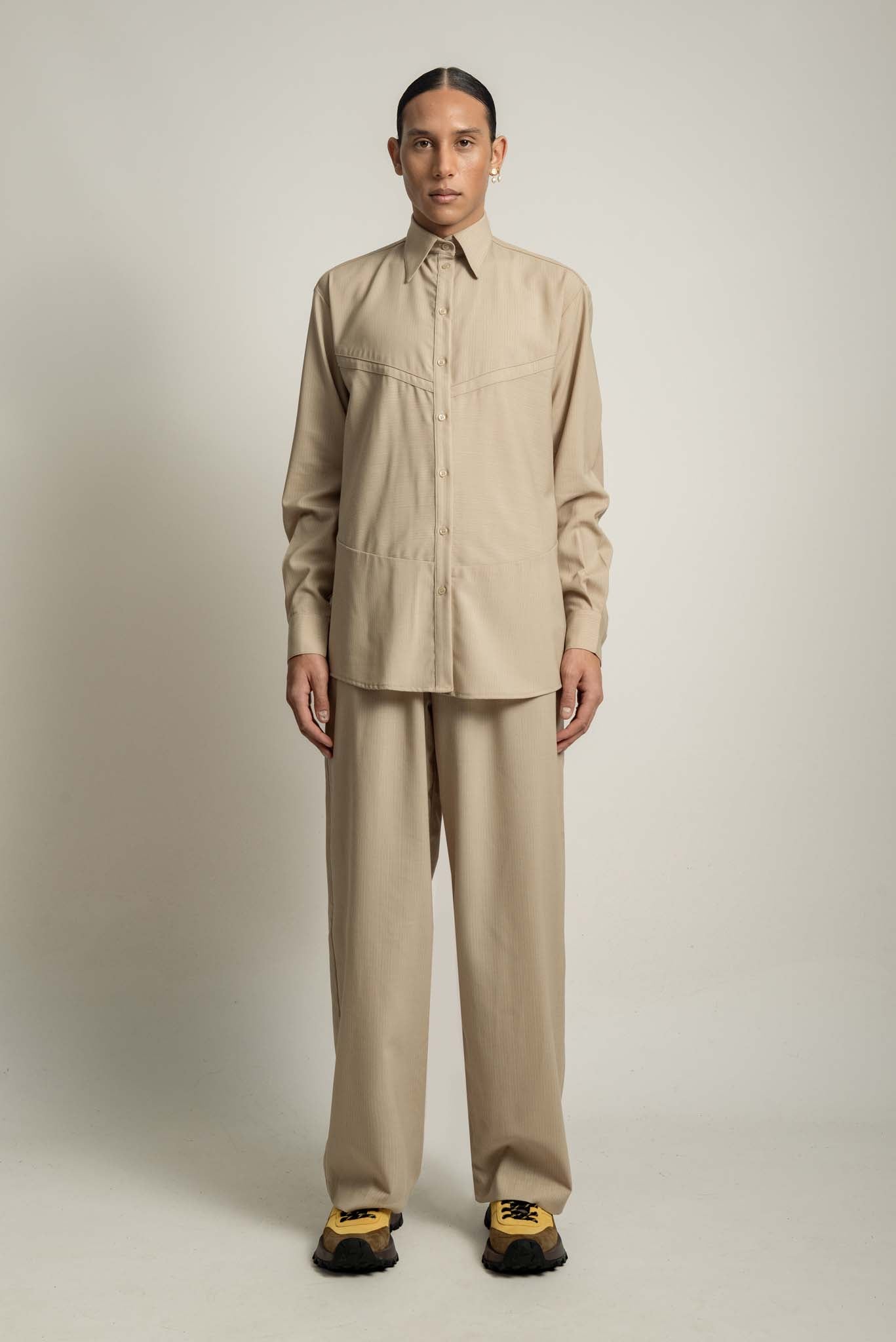 Soren Elasticated Waist Trouser in Mushroom Stripe