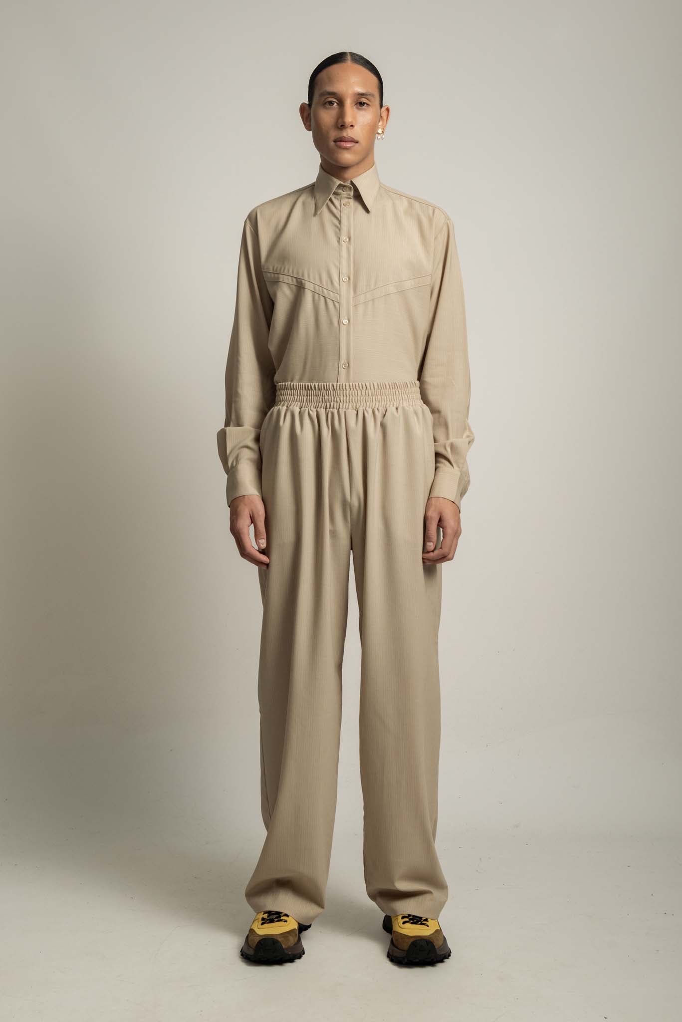 Soren Elasticated Waist Trouser in Mushroom Stripe