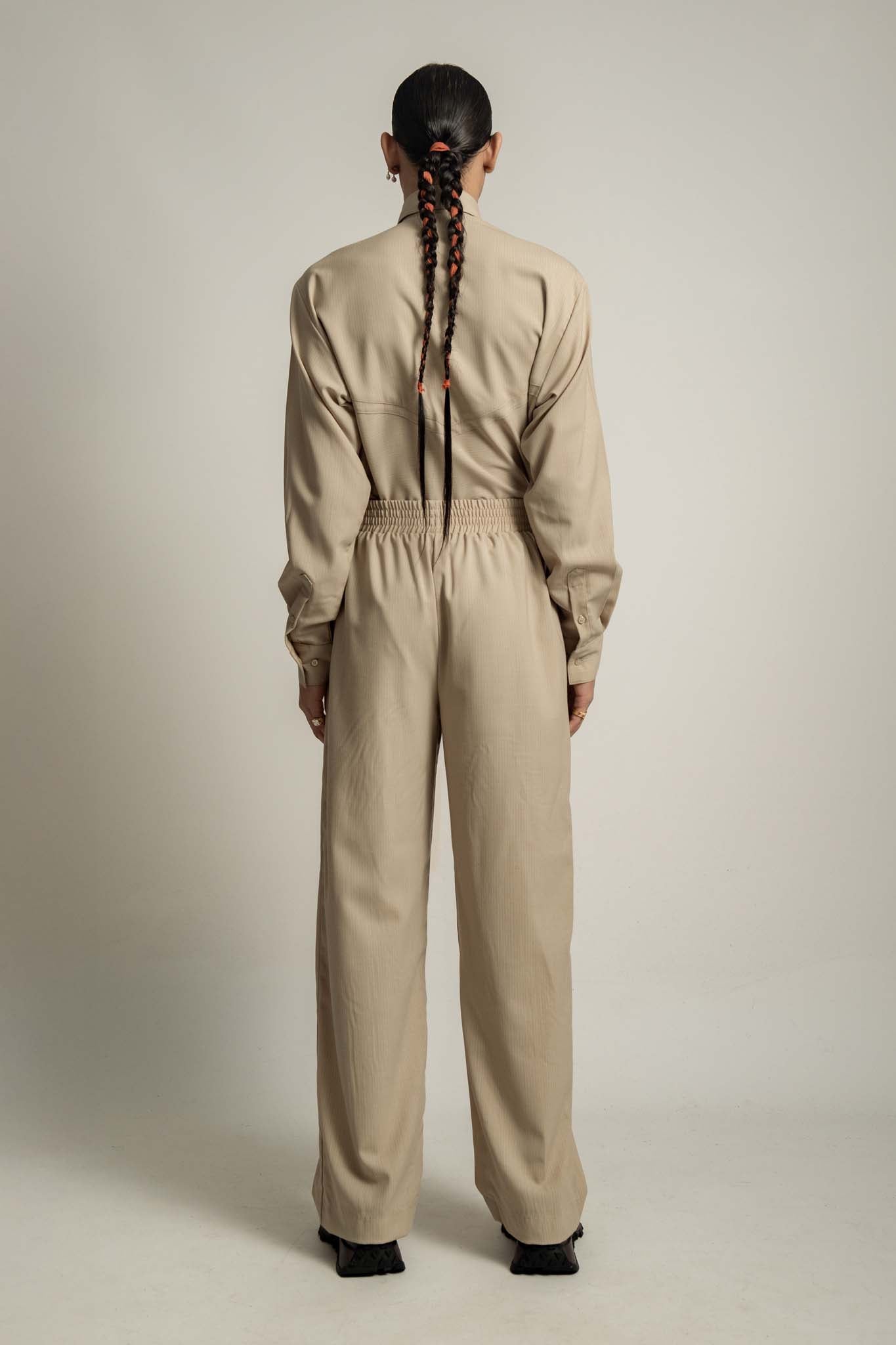 Soren Elasticated Waist Trouser in Mushroom Stripe