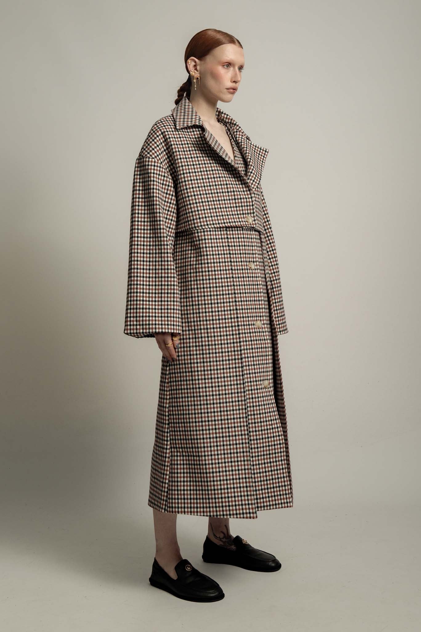 Aubrey Trench Coat in Burgundy Check
