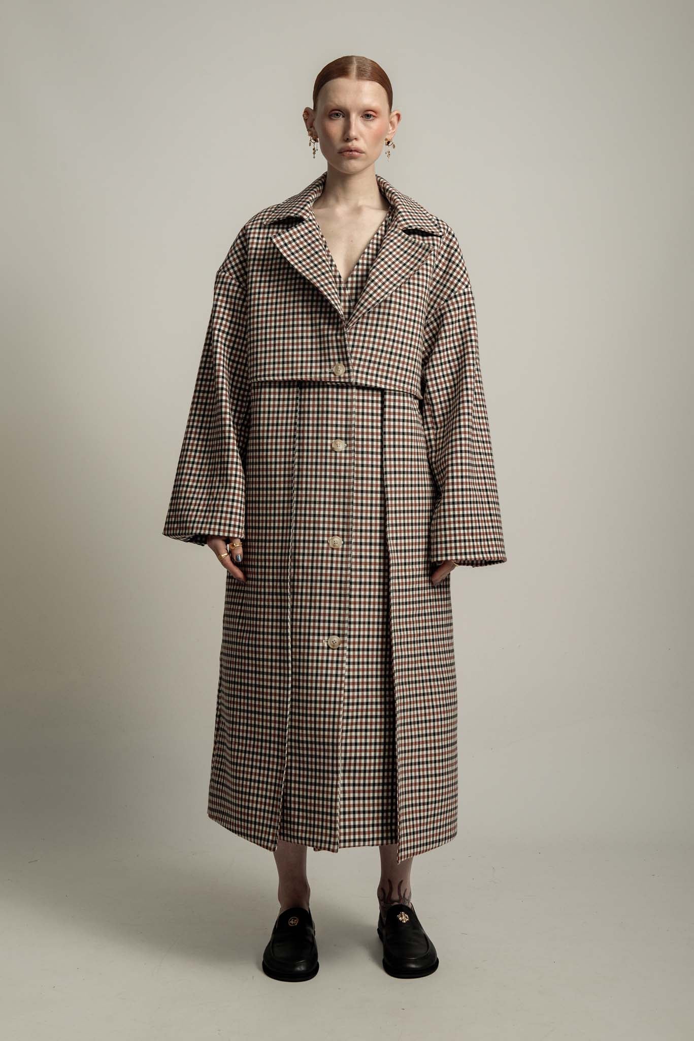 Aubrey Trench Coat in Burgundy Check