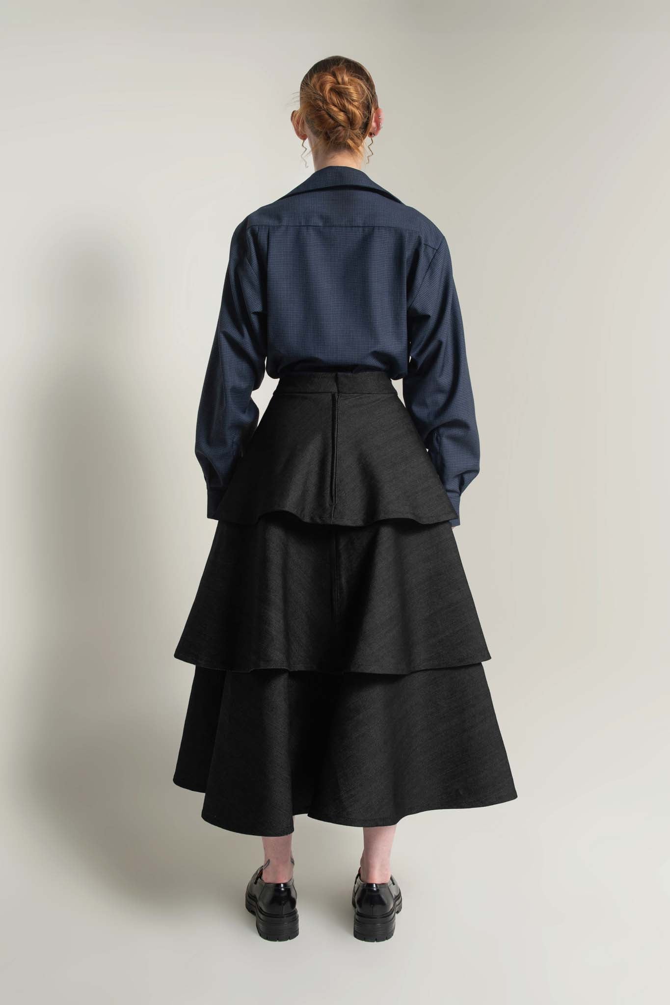 Juno Denim Tiered Skirt in Midnight Black
