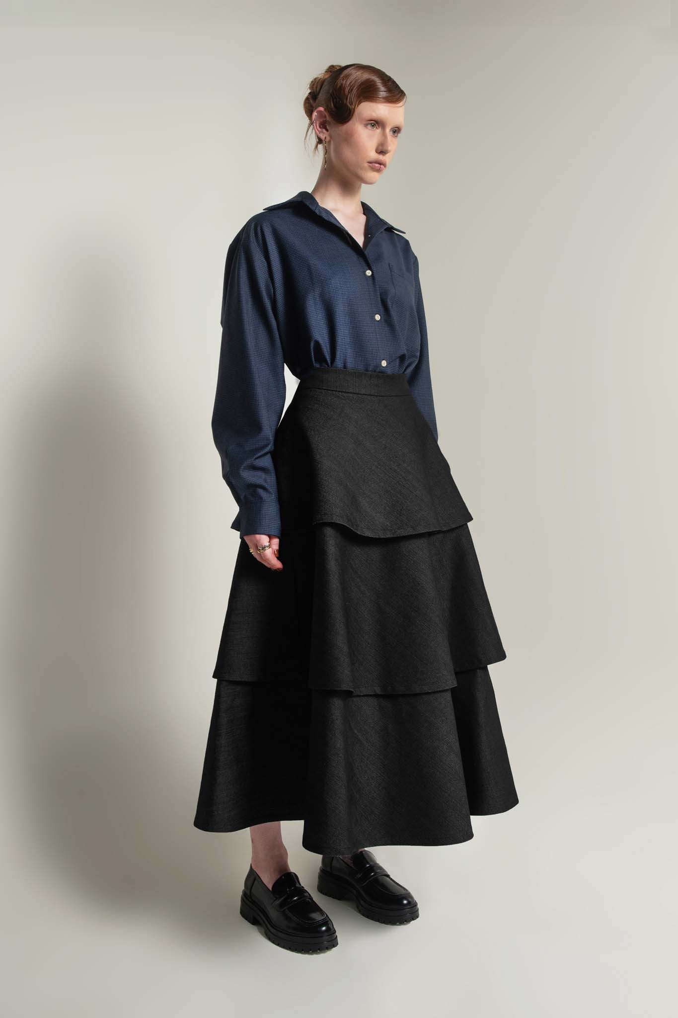 Juno Denim Tiered Skirt in Midnight Black