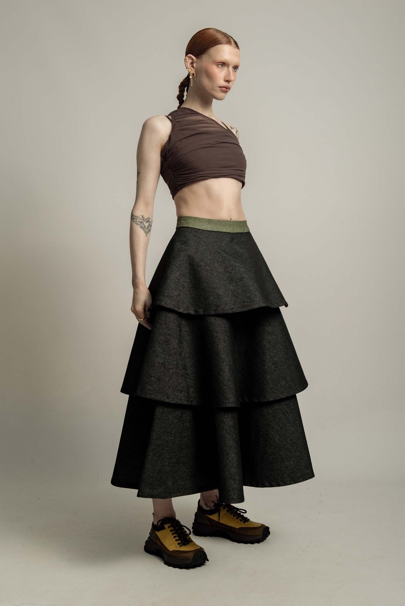 Juno Denim Tiered Skirt in Midnight Neon