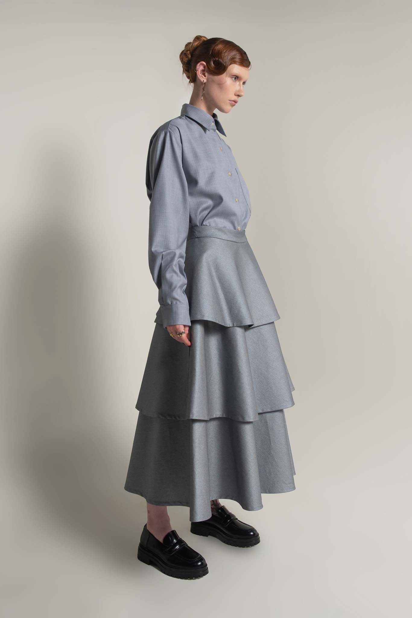 Juno Denim Tiered Skirt in Chrome