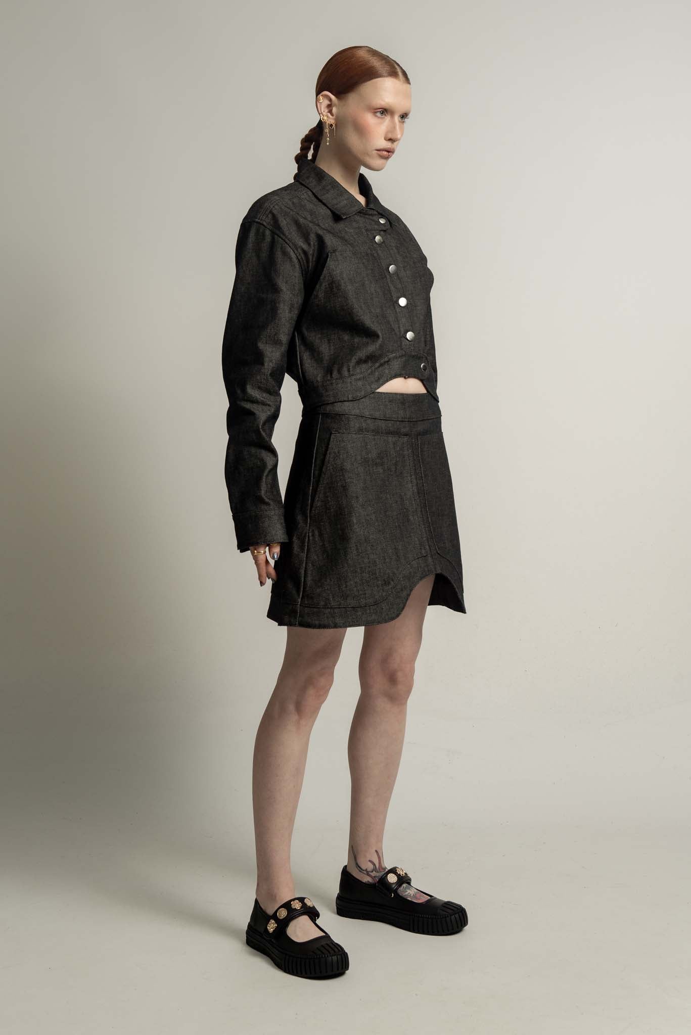 Nola Buttoned Biker Crop in Ash Black Denim