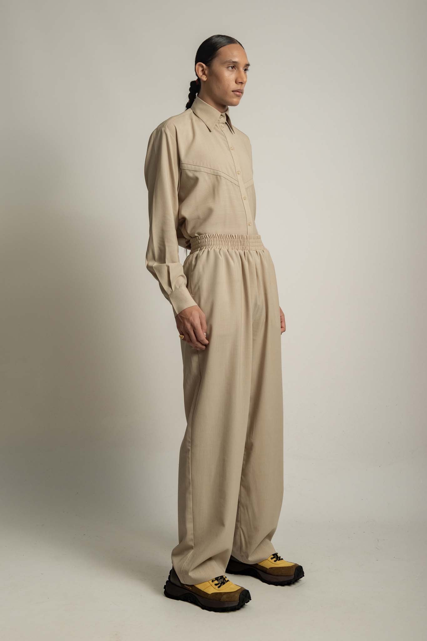 Soren Elasticated Waist Trouser in Mushroom Stripe